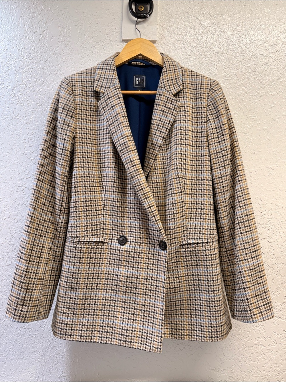 GAP Double Breasted Plaid Blazer Size 8 Wool Blend Houndstooth Blue Lined - Picture 2 of 11